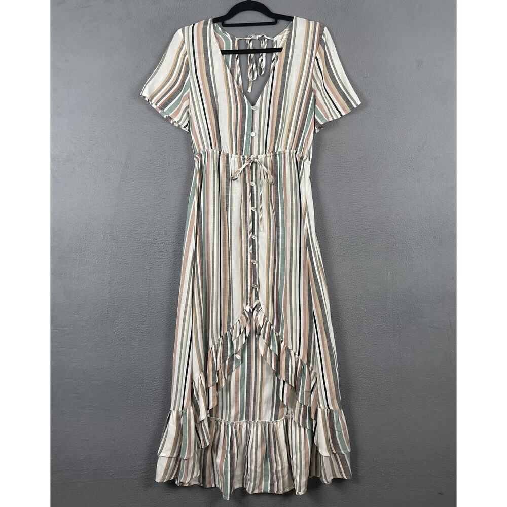 Saltwater Luxe Dress Womens XS Multicolor Striped Button Front Ruffle Maxi Boho